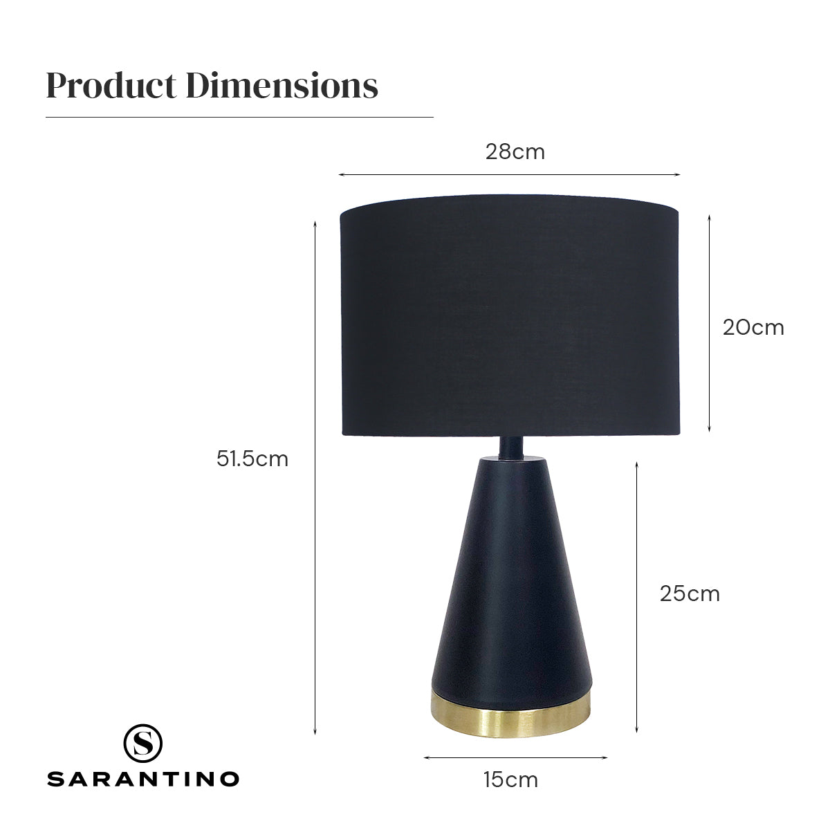 Black fabric drum table lamp with tapered base and gold bottom ring.