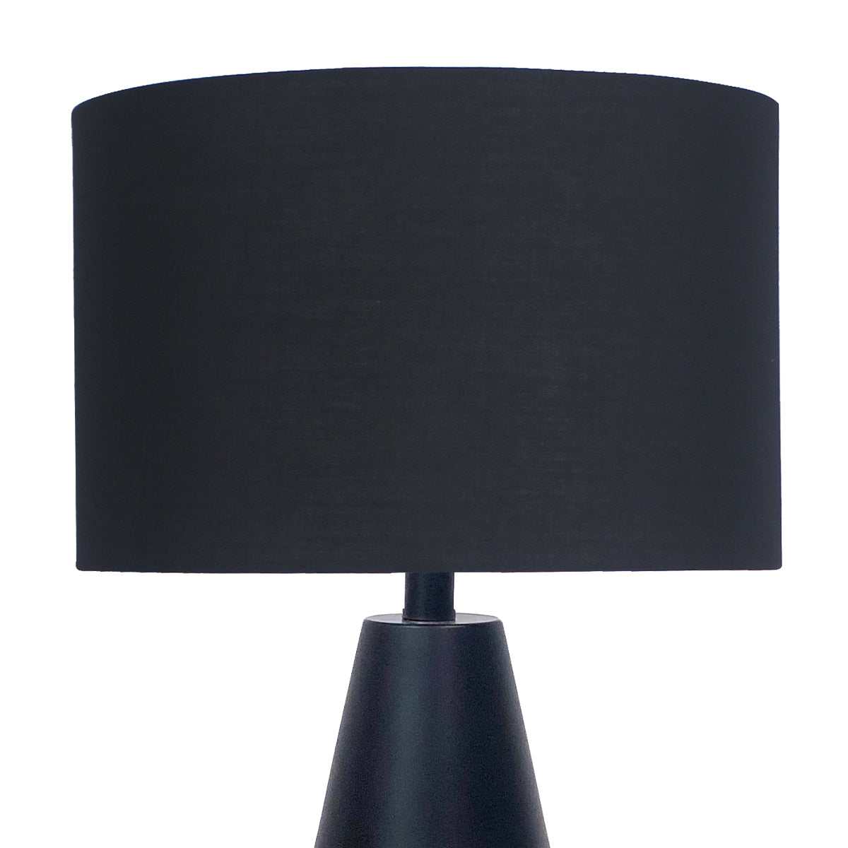 Black fabric drum shade with central metal stem.