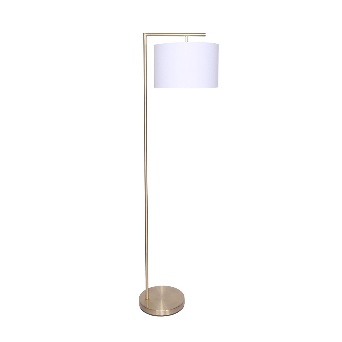 Modern arc floor lamp with white drum shade, brass pole, and round metal base