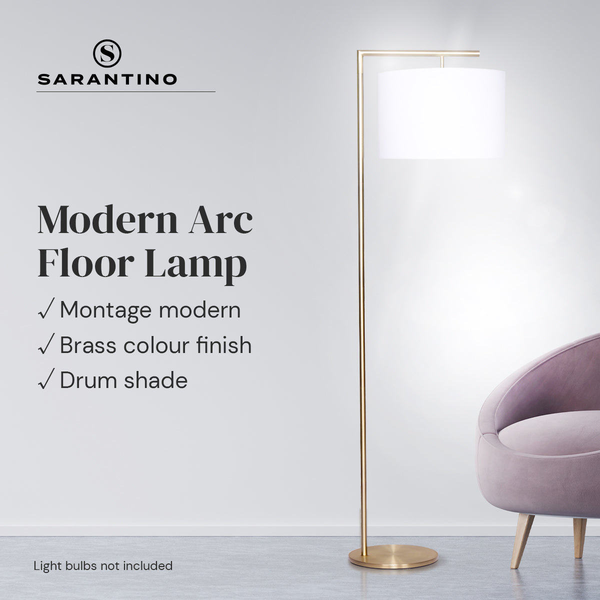 Modern arc floor lamp with white drum shade on a brass 90-degree arc pole