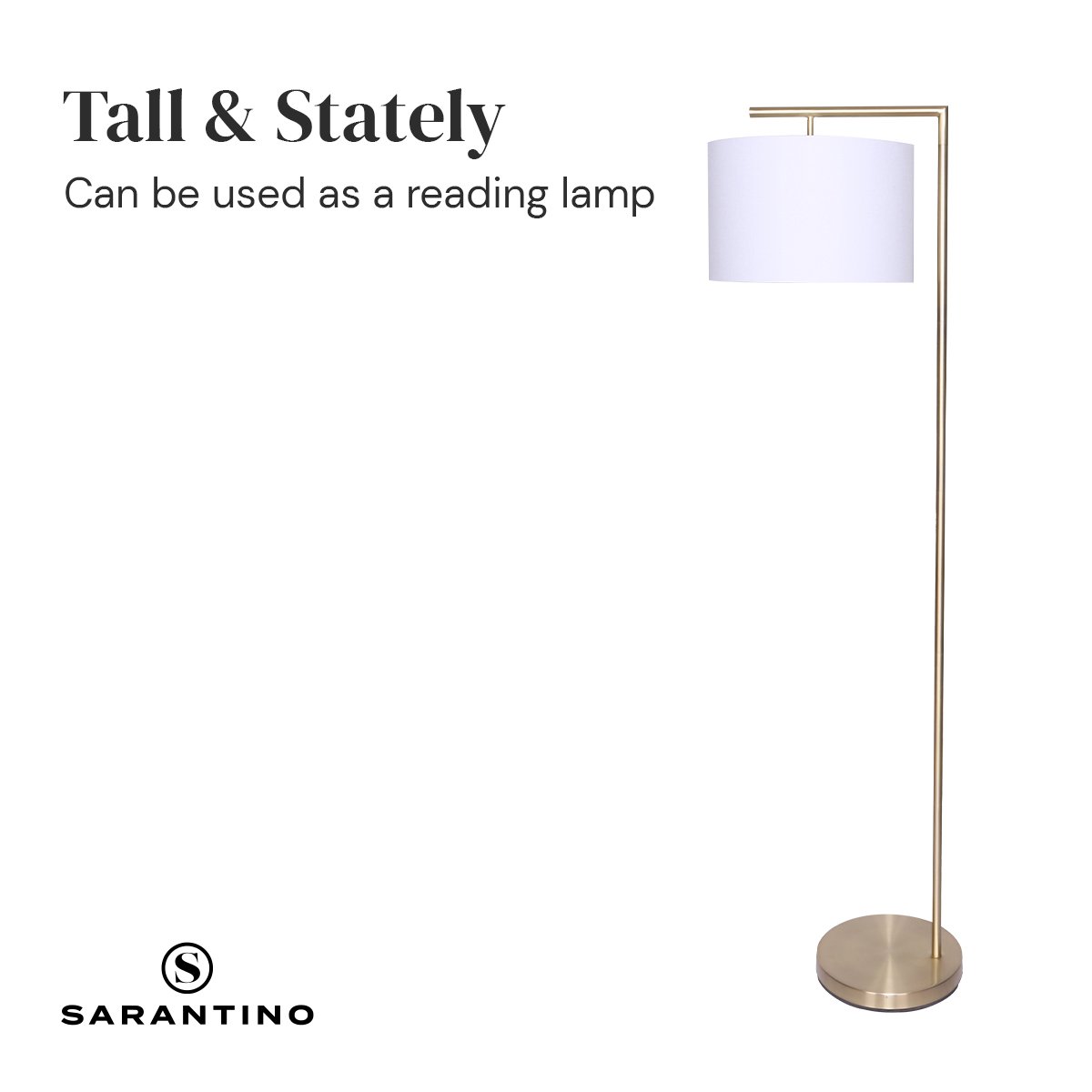 Modern arc floor lamp with white drum shade and round brass base