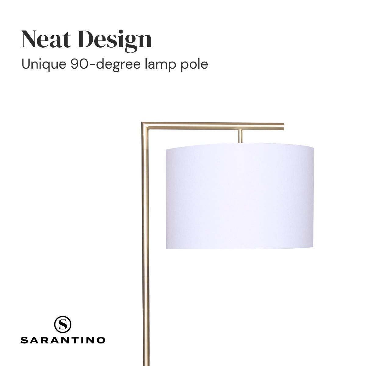 Modern arc floor lamp head with white drum shade and brass 90-degree pole