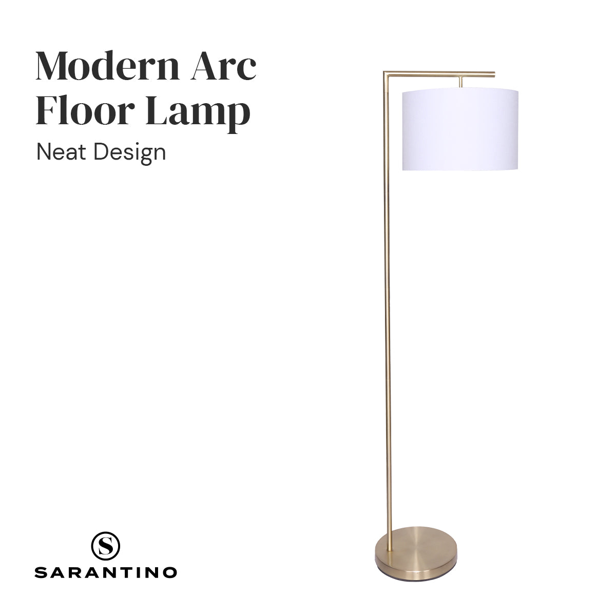Modern arc floor lamp with white drum shade, brass pole, and round base