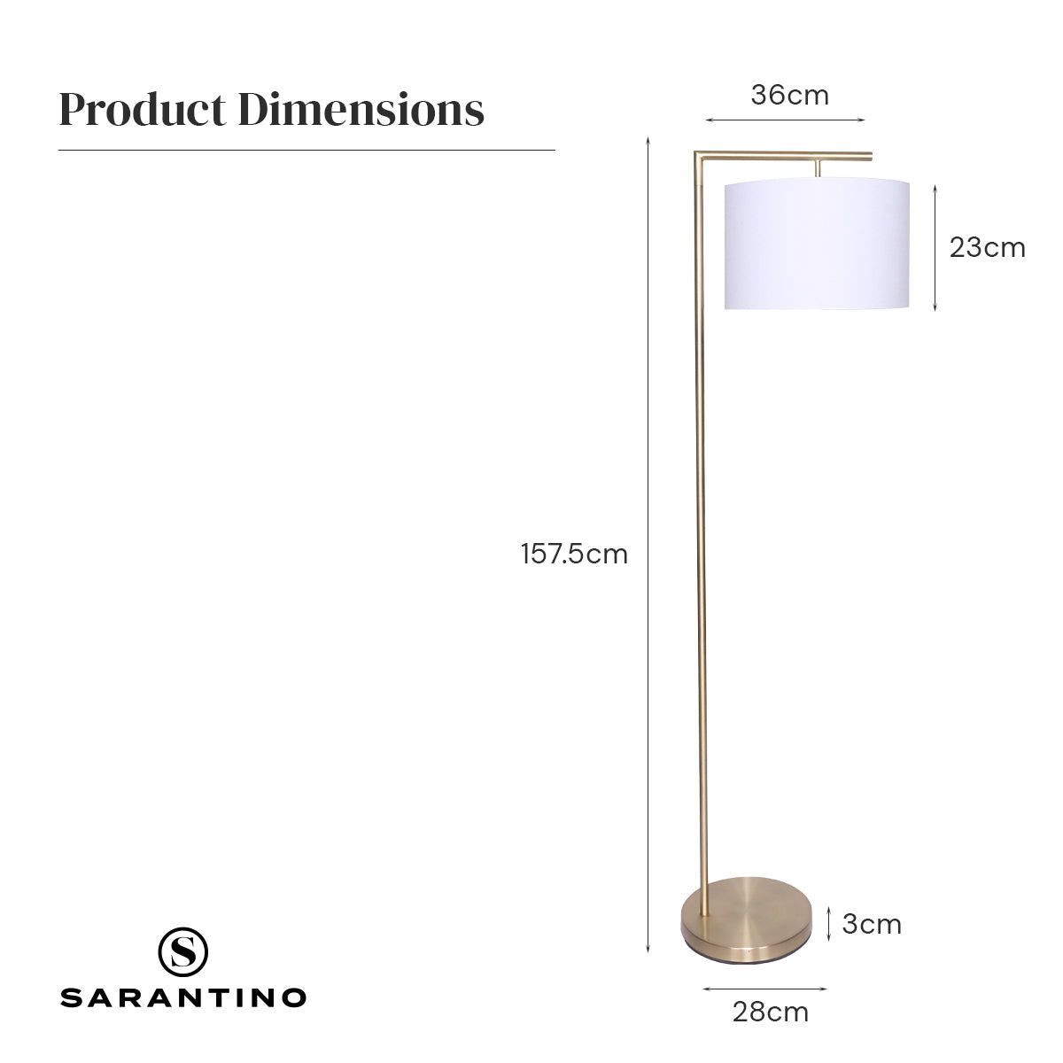 Modern arc floor lamp product dimensions with drum shade, brass pole, and round base