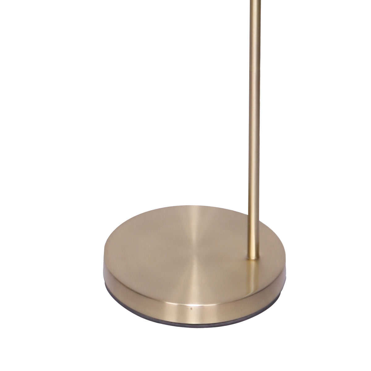 Round brass base and vertical pole of a modern arc floor lamp