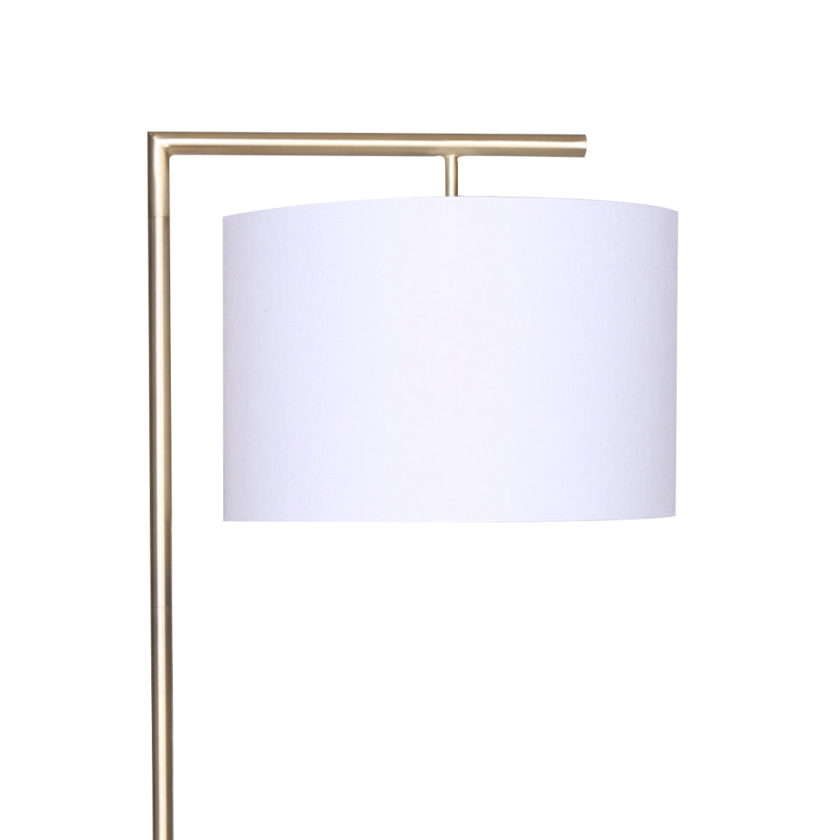 Modern arc floor lamp with white drum shade and brass frame at the top