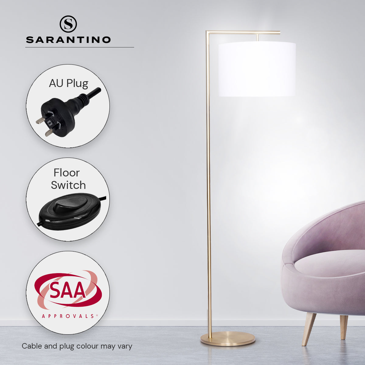 Modern arc floor lamp with white drum shade and gold metal stand