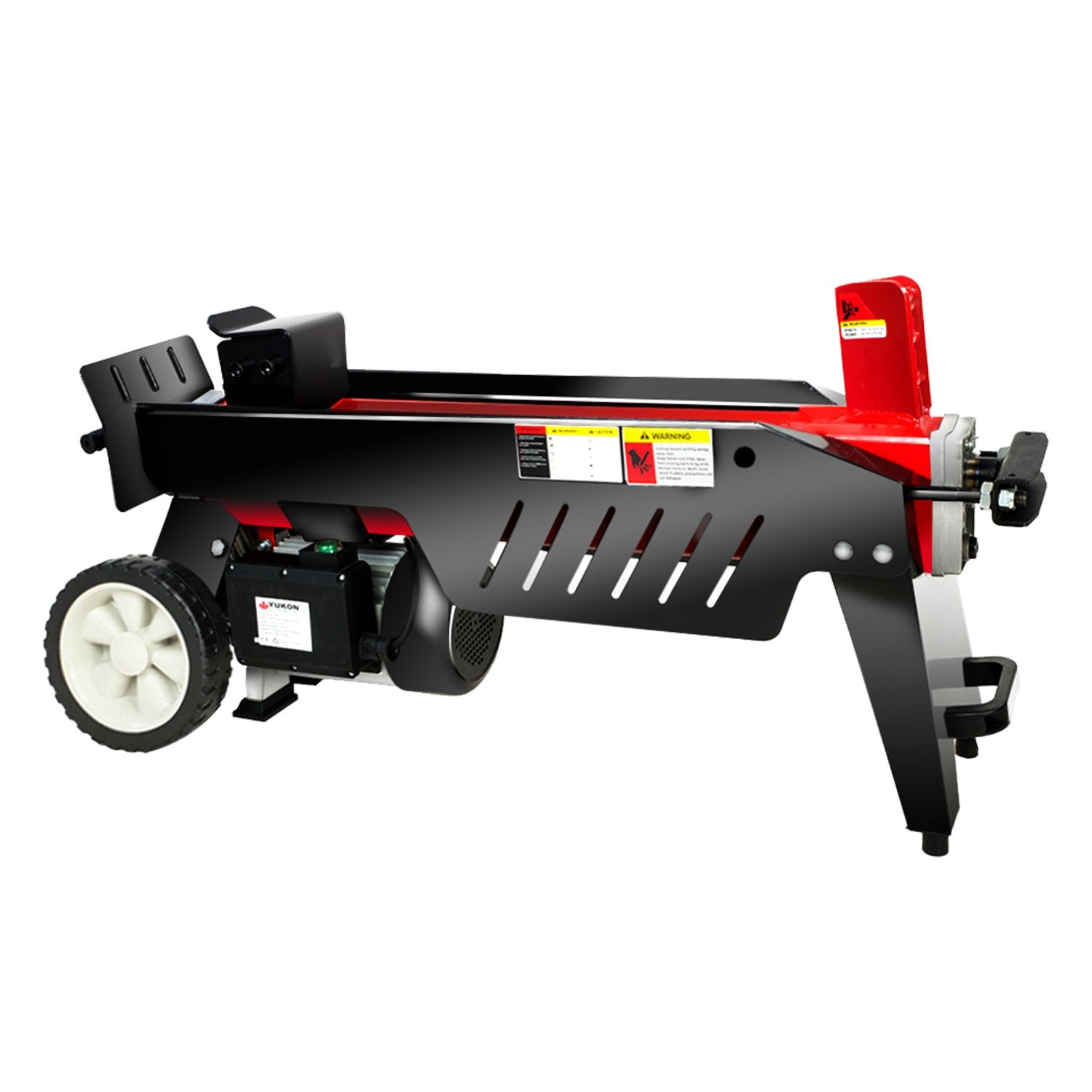 7-ton electric log splitter with red wedge and black side guards, on white background