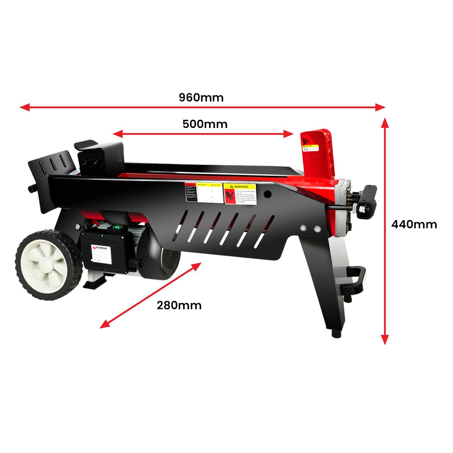 Electric log splitter with red splitting wedge, black frame, and side support guards