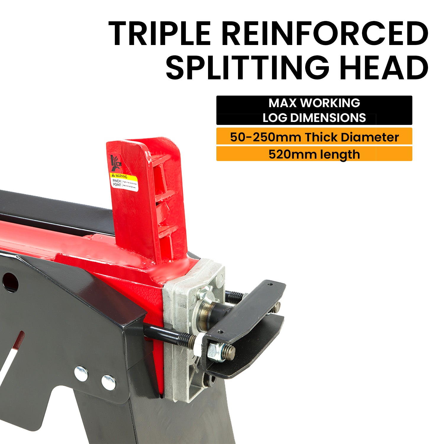 Triple reinforced splitting head on red wedge of electric log splitter, close-up