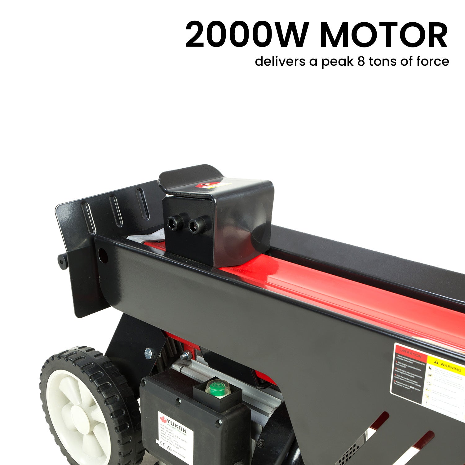 Electric log splitter with 2000W motor housing, red-and-black body, and front wheel