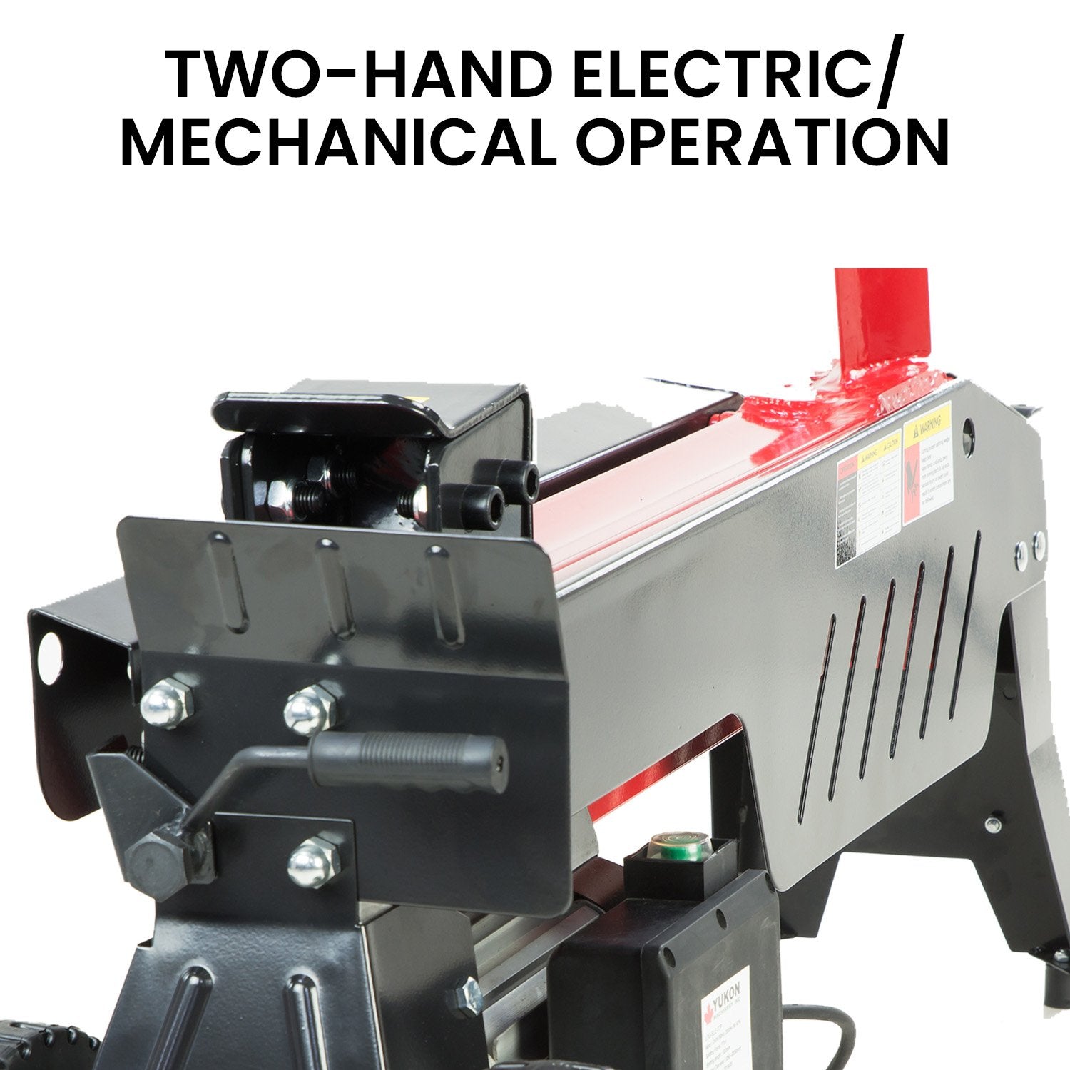 Electric log splitter with two-hand operation lever and black side housing, close-up