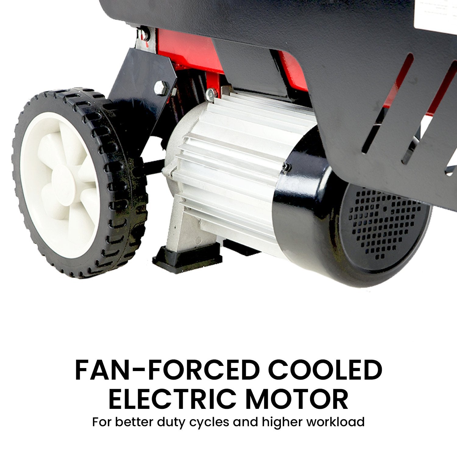 Electric motor with fan-forced cooling and black ventilation housing on log splitter