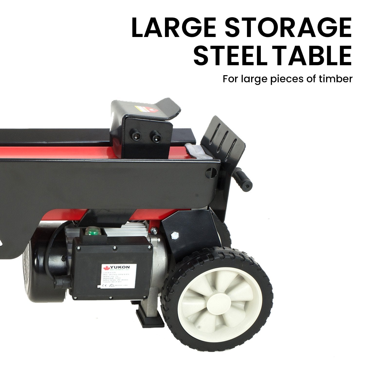 Log splitter with large steel table, red frame accents, and front wheel