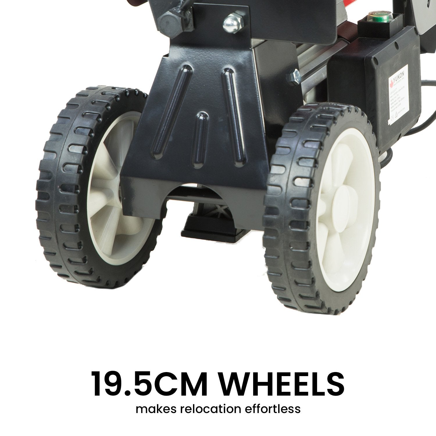 Heavy-duty tires on log splitter base with black steel frame, close-up