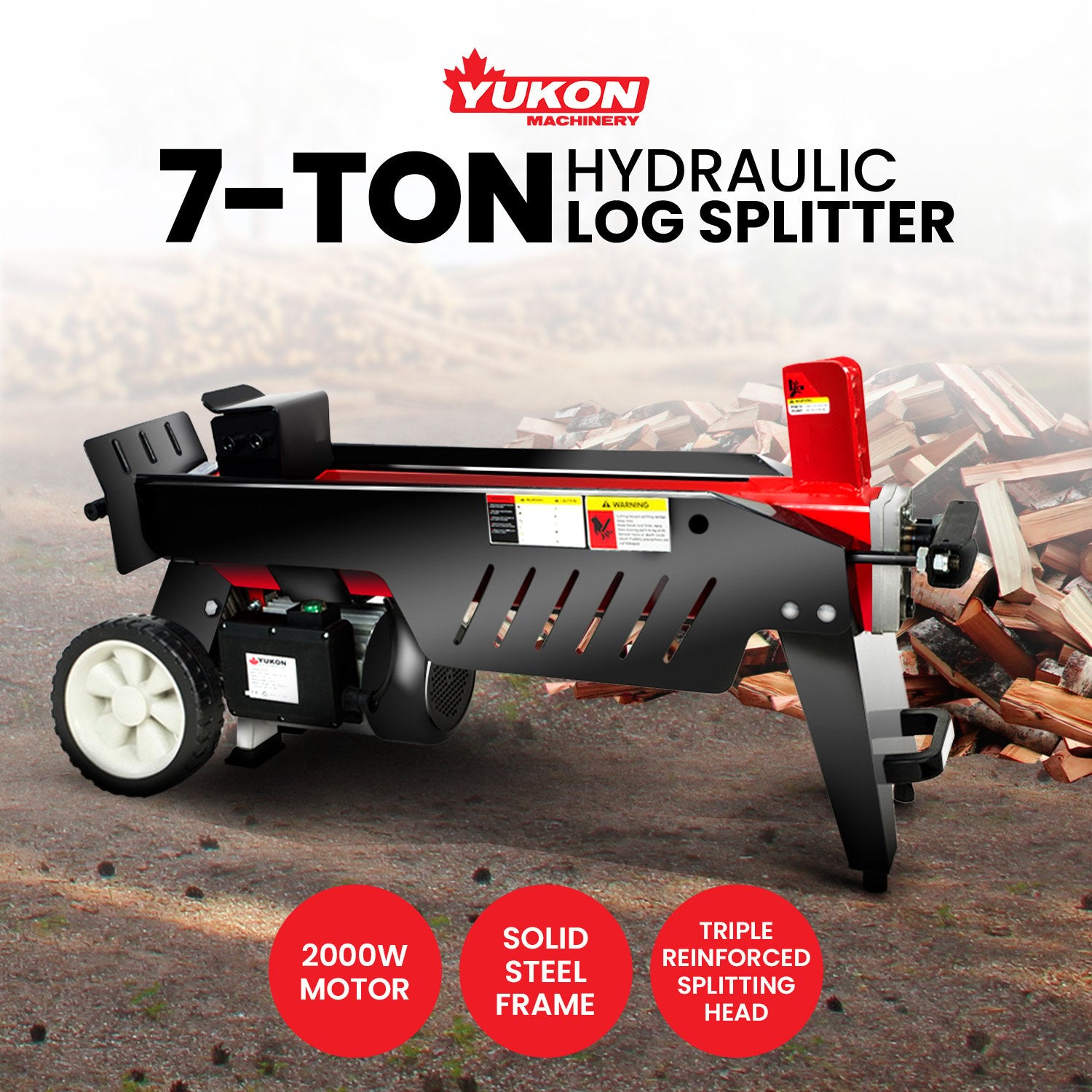 7-ton hydraulic log splitter with red wedge, black frame, and front wheels