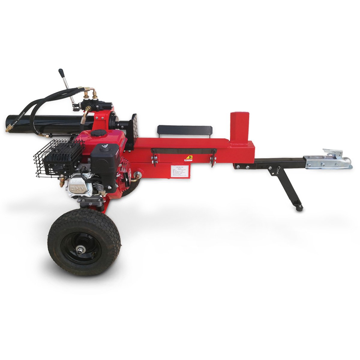 Petrol log splitter with red frame, black beam, and front wheel engine housing