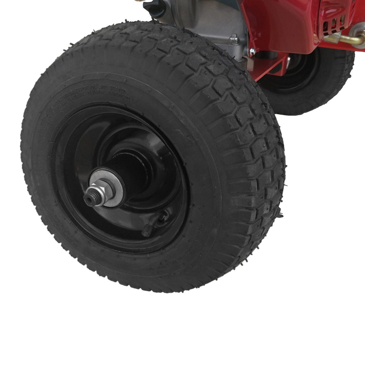 Log splitter wheel with deep-tread black tire and metal hub