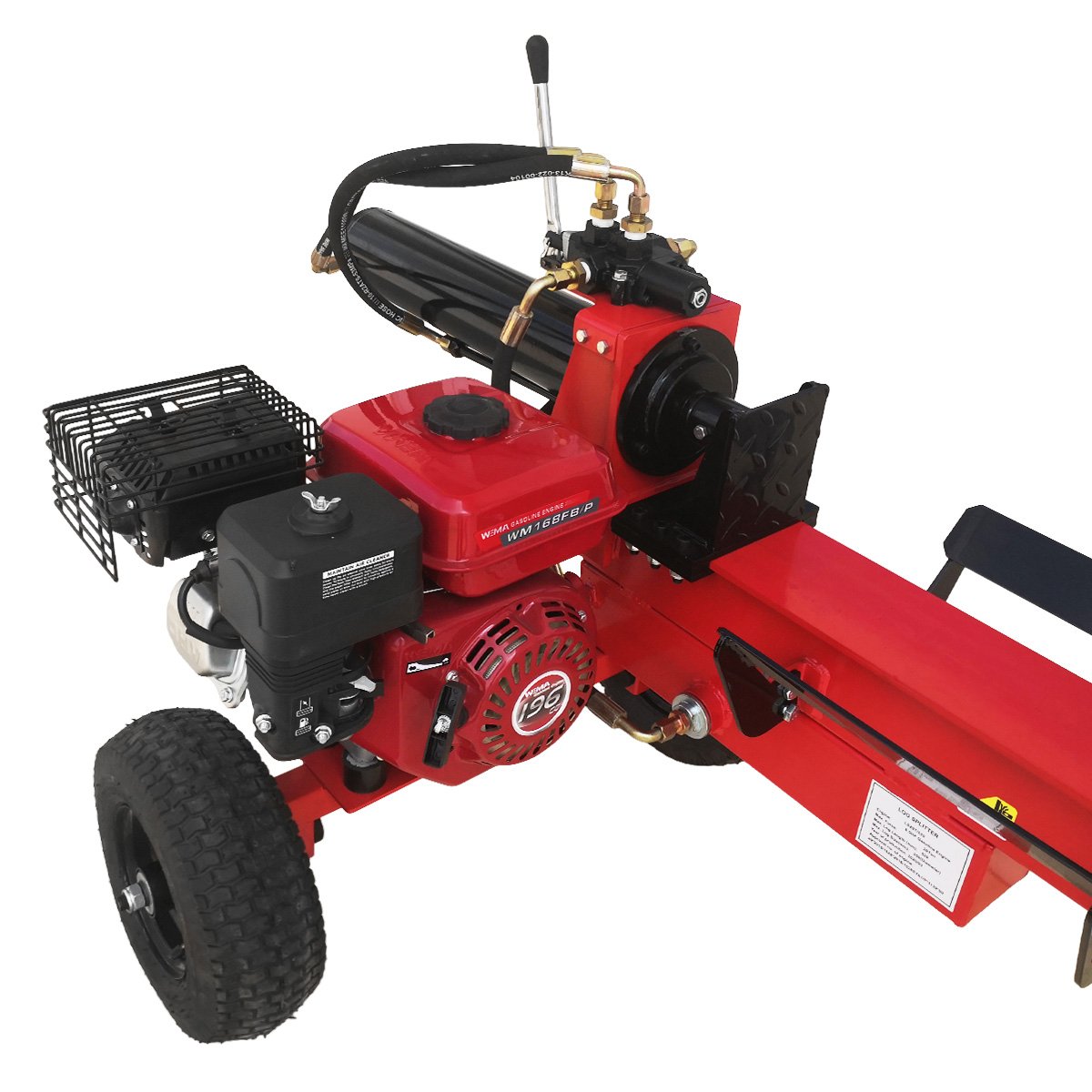 Petrol log splitter with red control housing, black engine cover, and front wheel