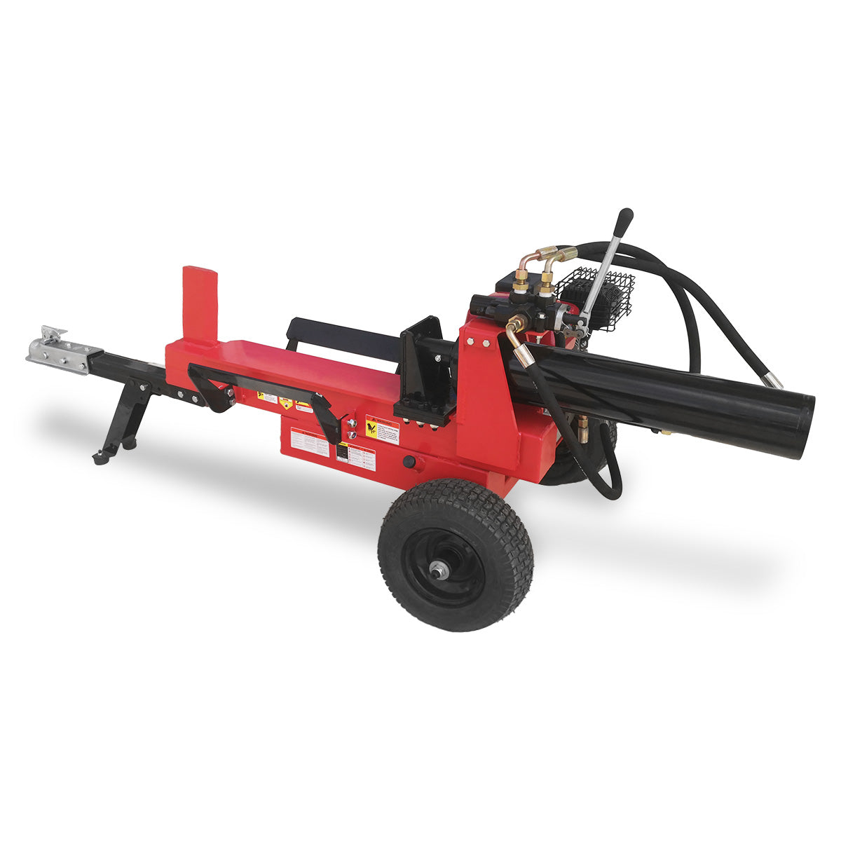 Petrol log splitter on two wheels with red splitting beam and control bar