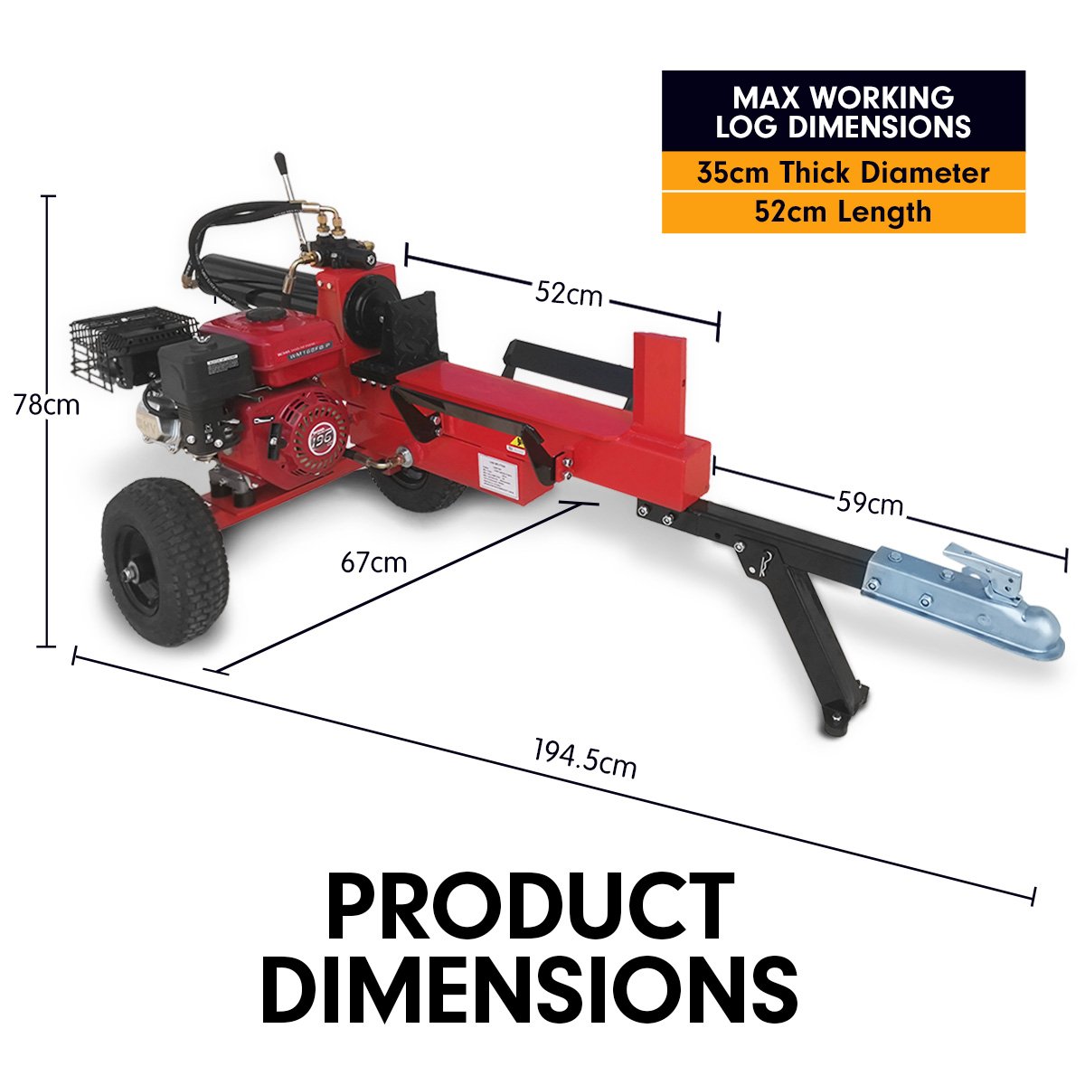 Petrol log splitter with long red beam, black legs, and front wheel
