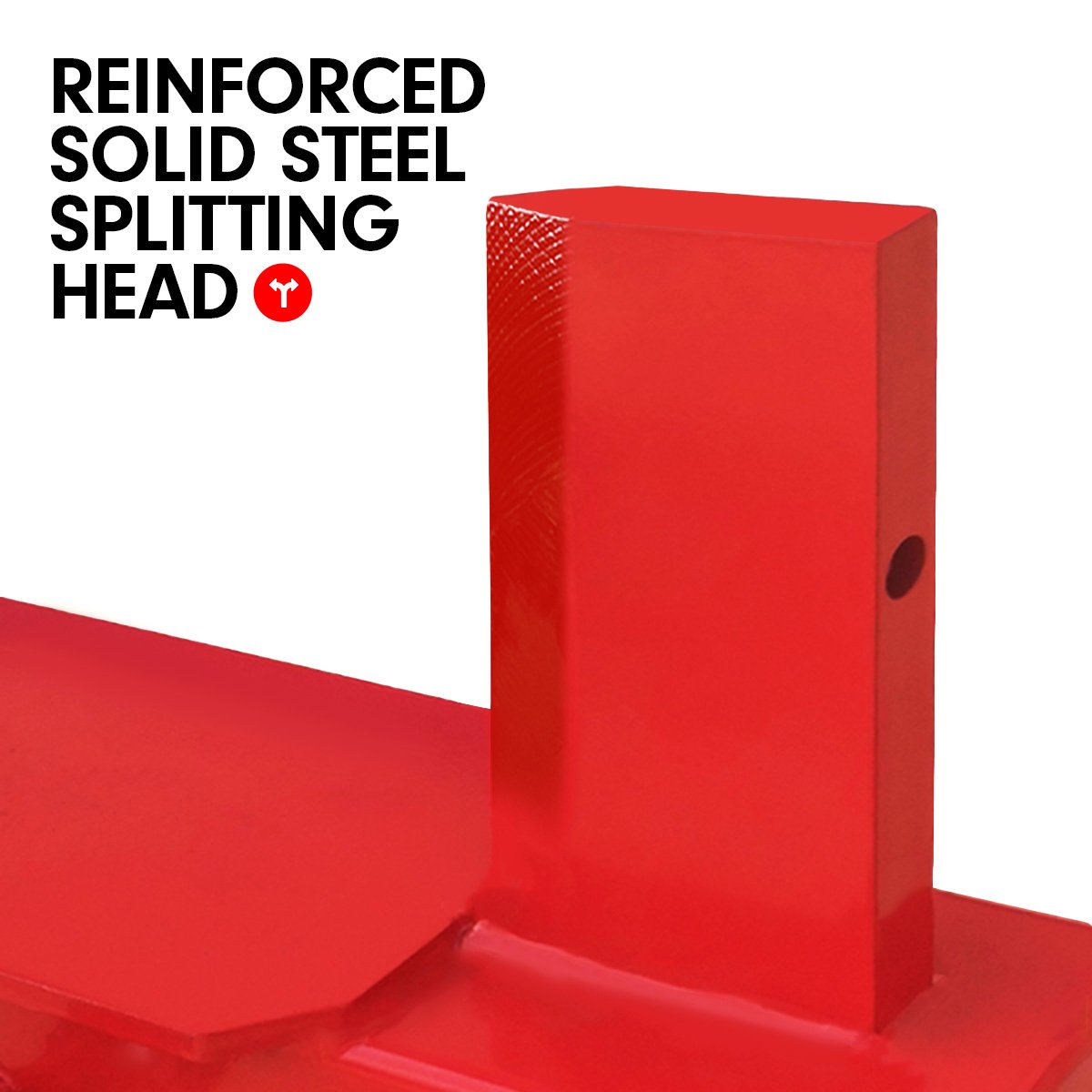 Reinforced splitting head on red log splitter frame