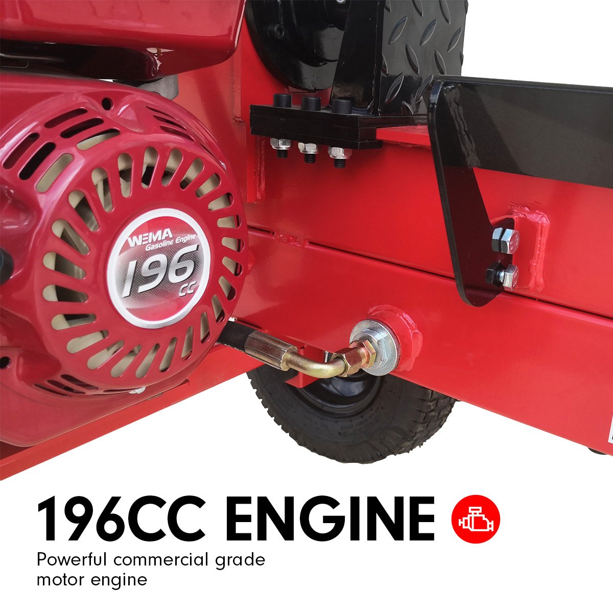 Petrol log splitter engine housing with red side cover and black guard