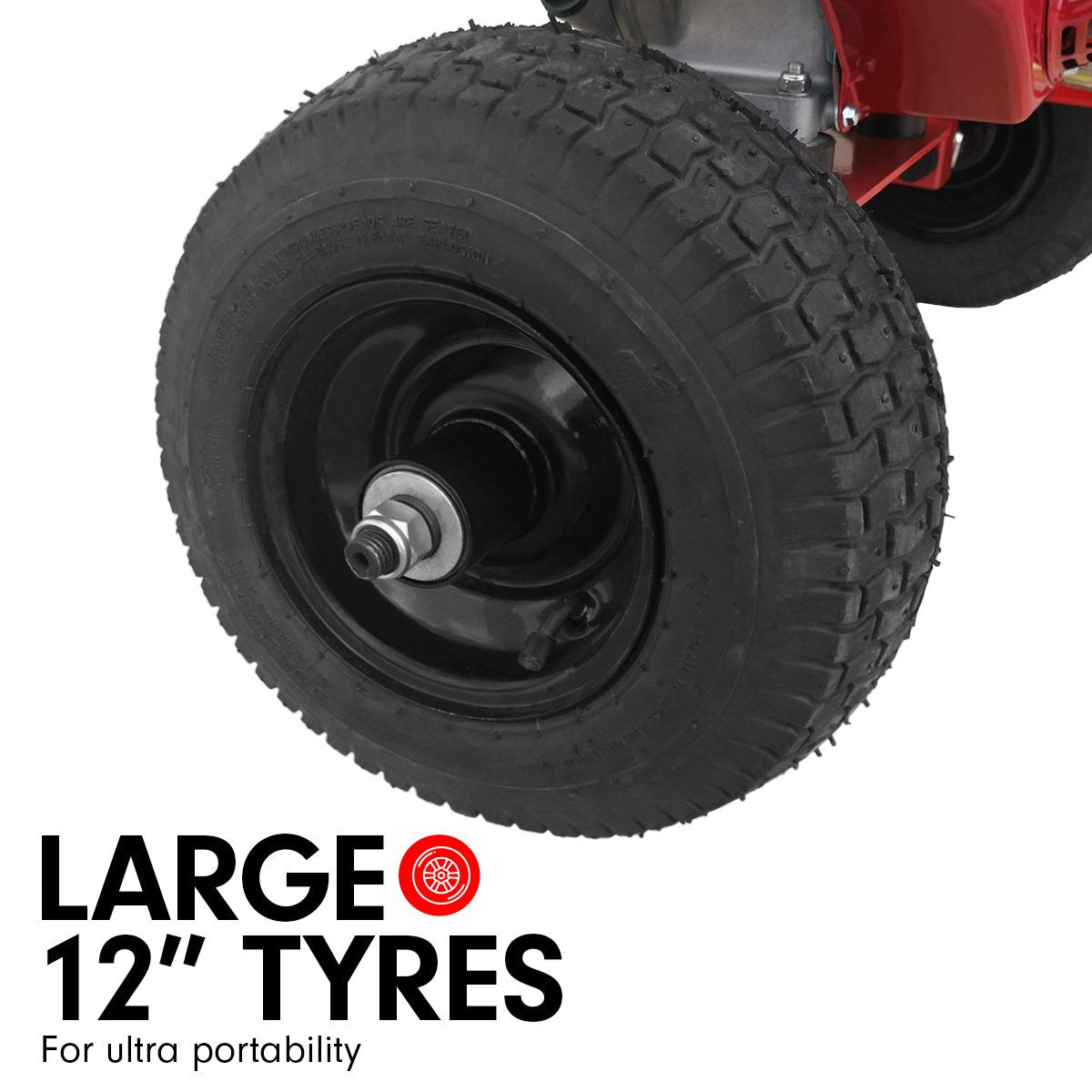 Log splitter wheel with deep-tread black tire and black rim