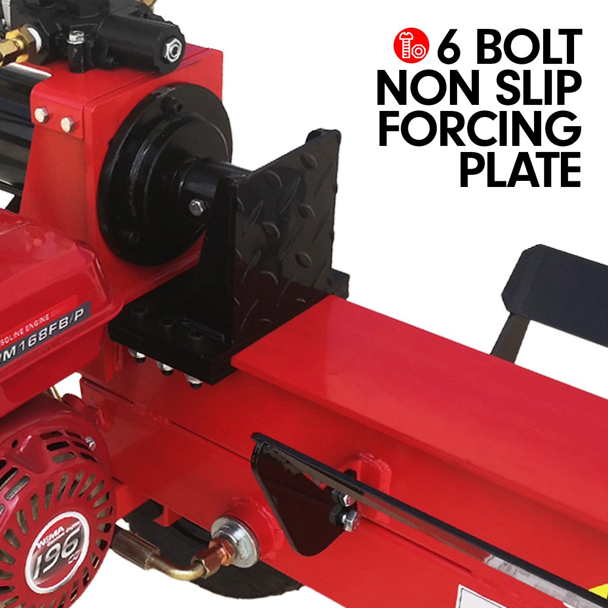 Log splitter forcing plate and crank mechanism on red base