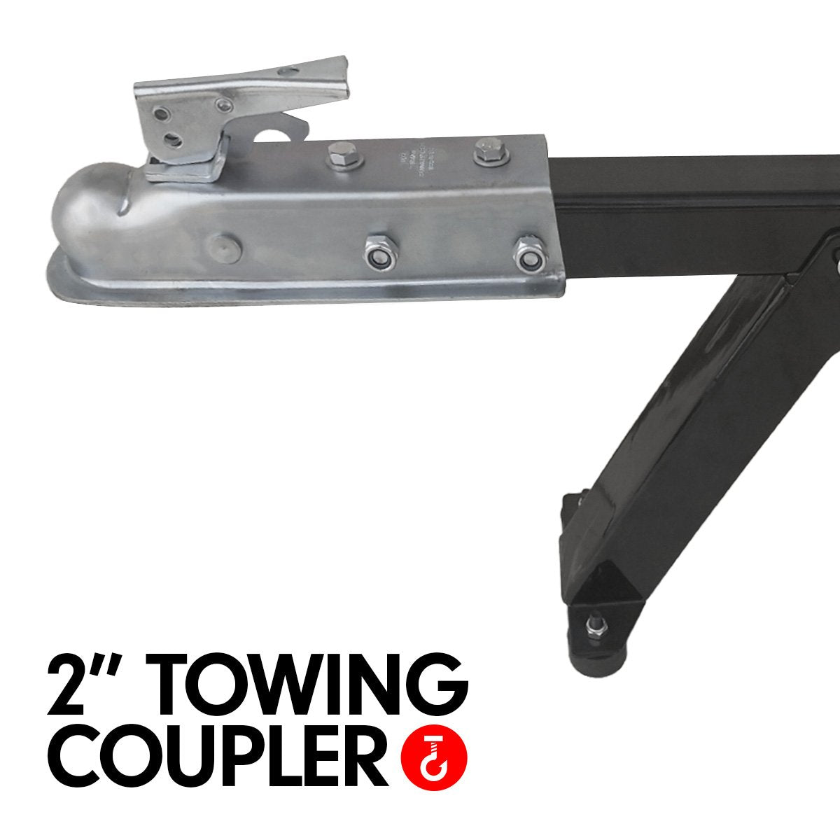 Log splitter tow hitch with 2 inch towing coupler and black support leg