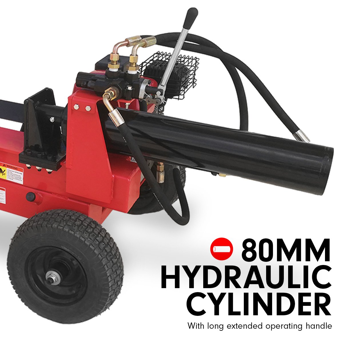 Red hydraulic log splitter with 80mm cylinder and black control handle