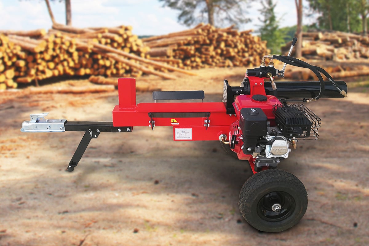 Red wheeled hydraulic log splitter with splitter beam and control lever