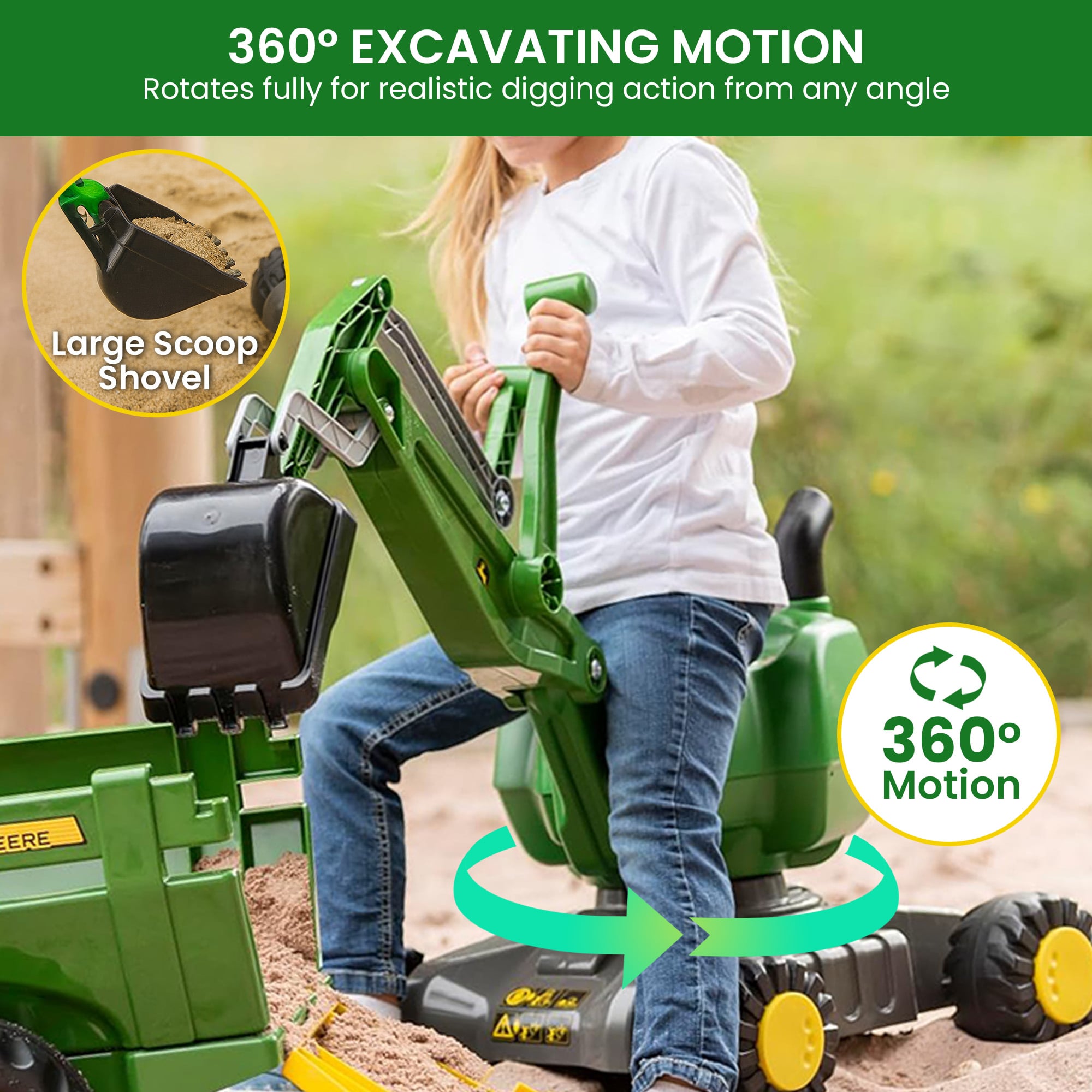John Deere RT421022 Rolly Digger XL Ride-On Excavator Childrens Toy 360 deg Rotation, Work Scoop & Levers All-Terrain
