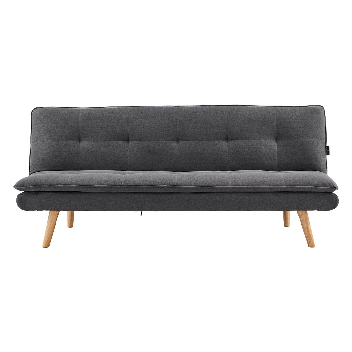 Dark grey linen sofa bed with tufted backrest and smooth cushioned seat
