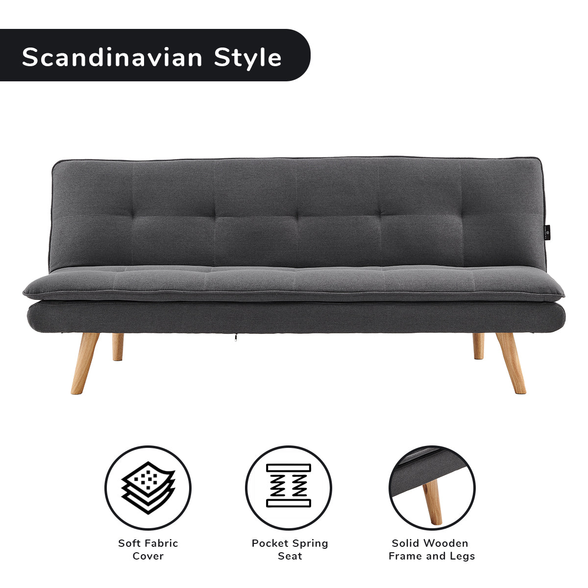 Dark grey sofa bed with tufted back cushions and wooden tapered legs