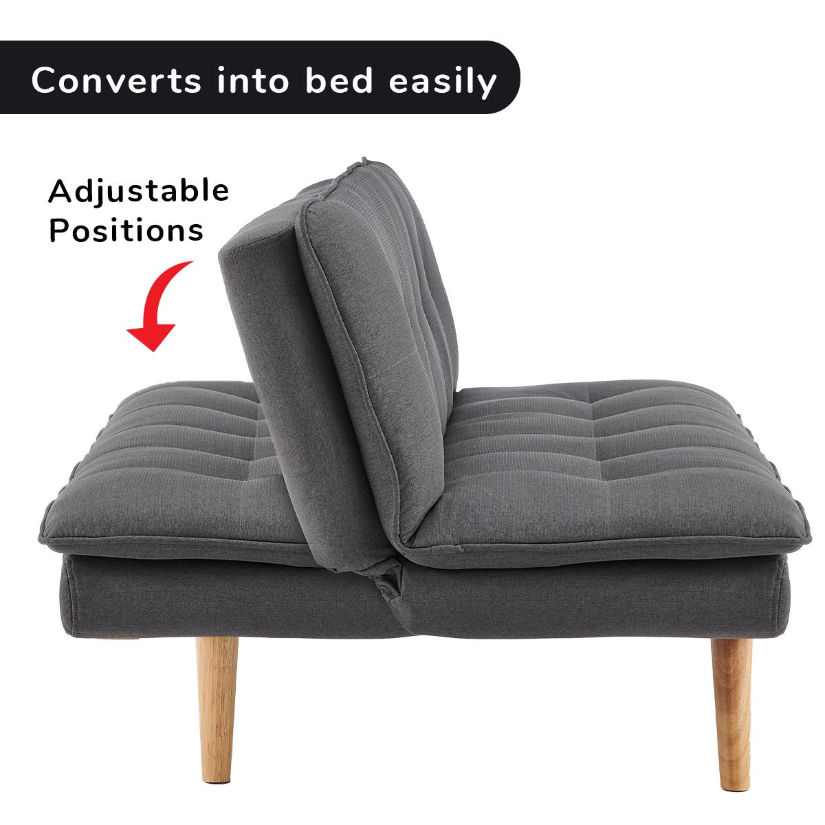 Dark grey sofa bed showing adjustable upright backrest position with seat cushion