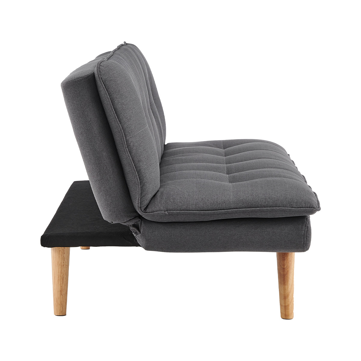 Dark grey sofa bed in reclined position with raised backrest and folded base