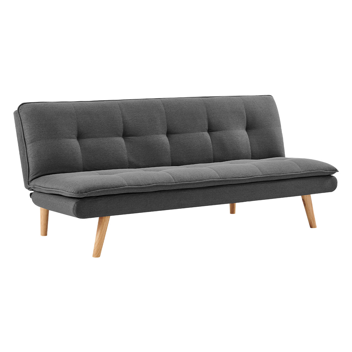 Dark grey linen sofa bed with tufted backrest and cushioned seat, front view