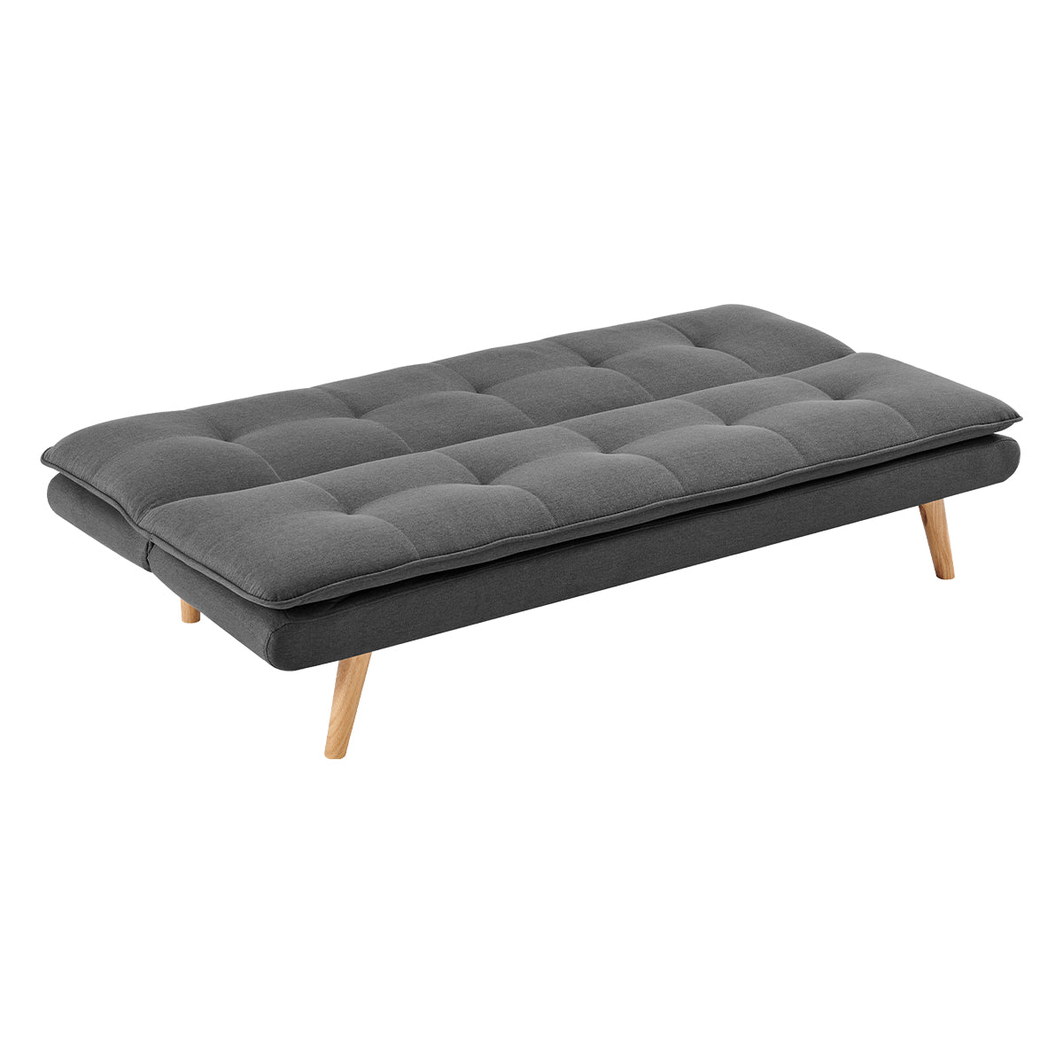 Dark grey sofa bed with folded mattress, showing quilted surface and wooden legs