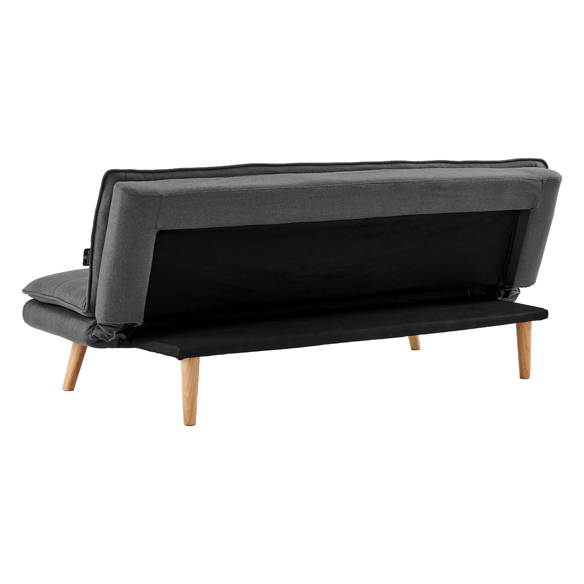 Dark grey sofa bed with backrest raised, showing underside fabric and wooden legs