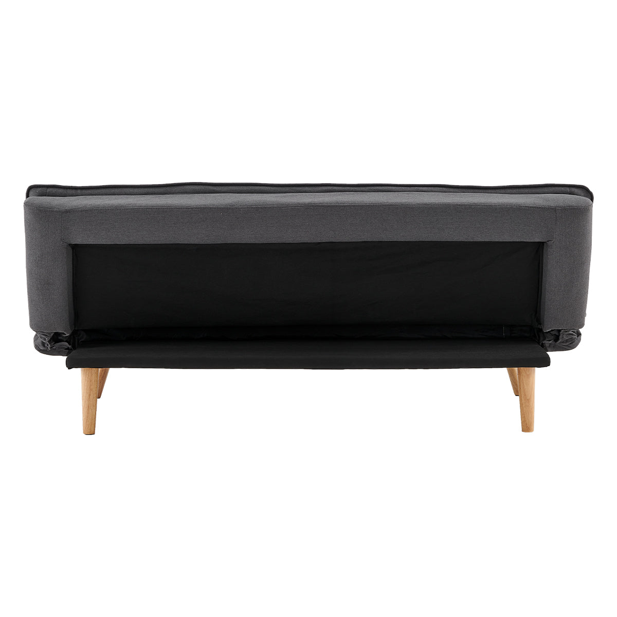Dark grey sofa bed viewed from the back with concealed back panel and legs
