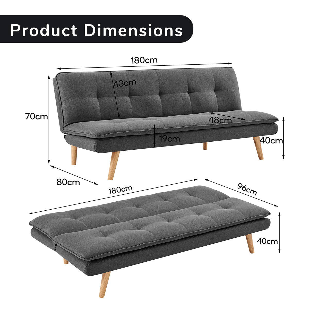Dark grey sofa bed and folded mattress, product dimensions layout