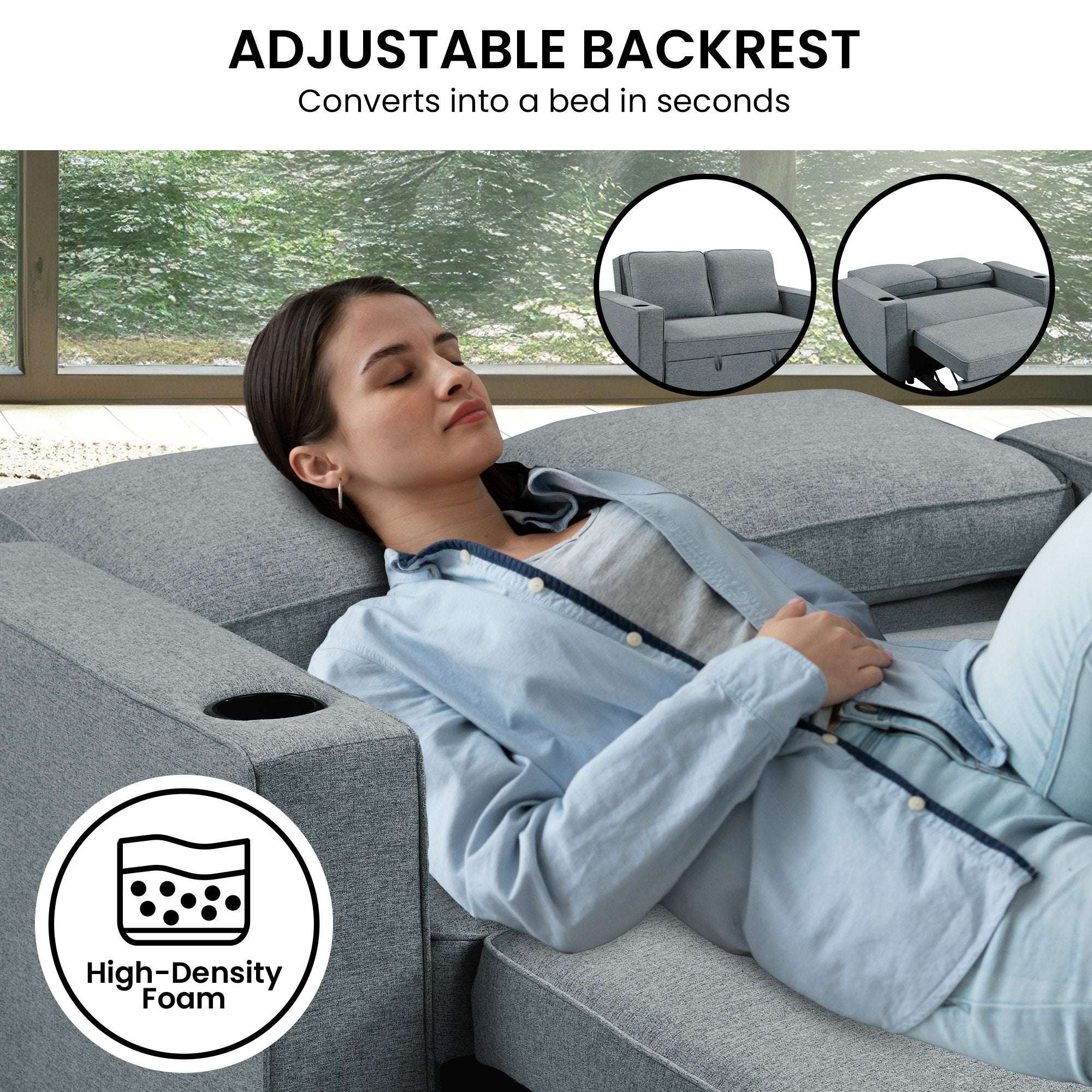 Sarantino Hoffman Linen Sofa Bed with Cushions & Cup Holders Airforce Blue