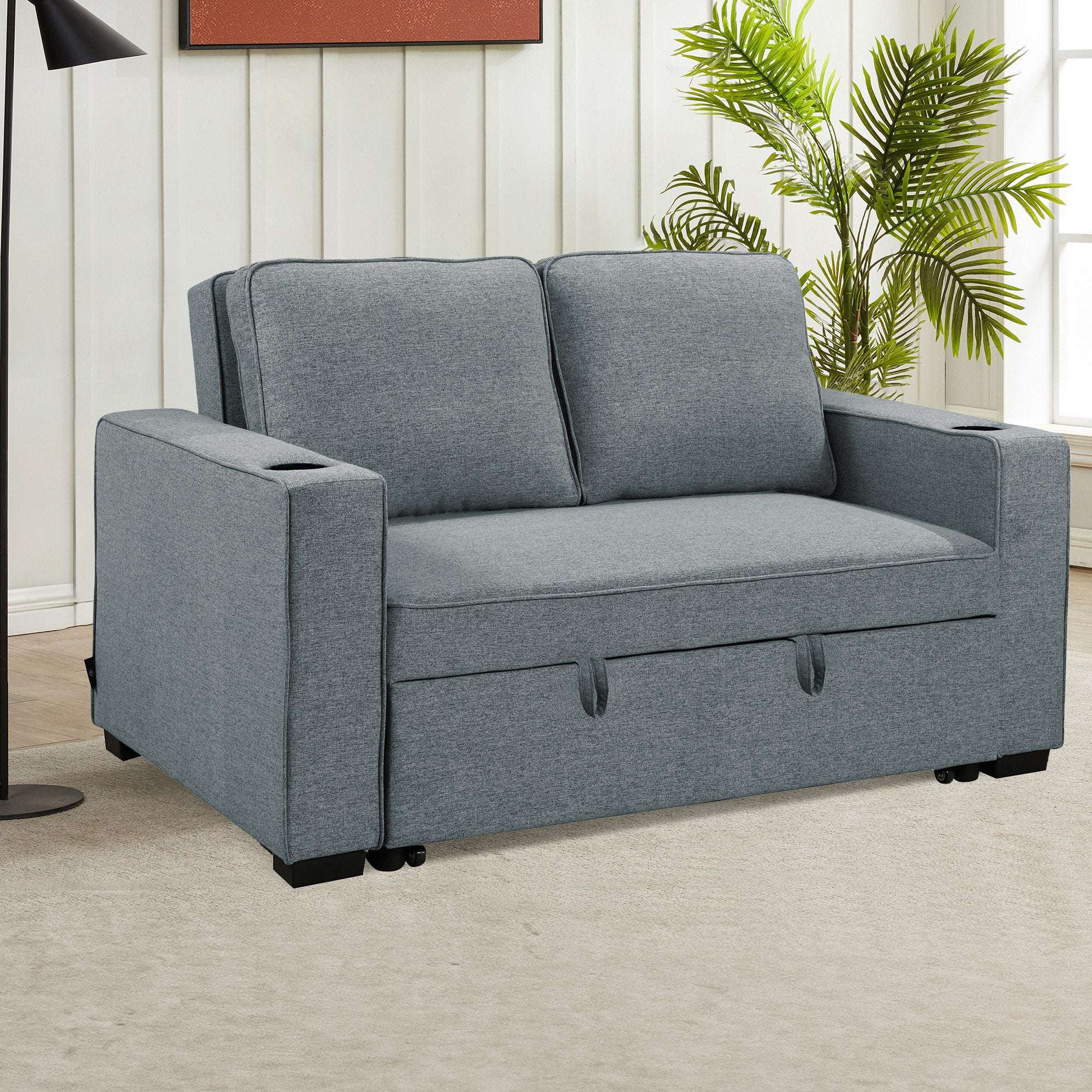 Sarantino Hoffman Linen Sofa Bed with Cushions & Cup Holders Airforce Blue