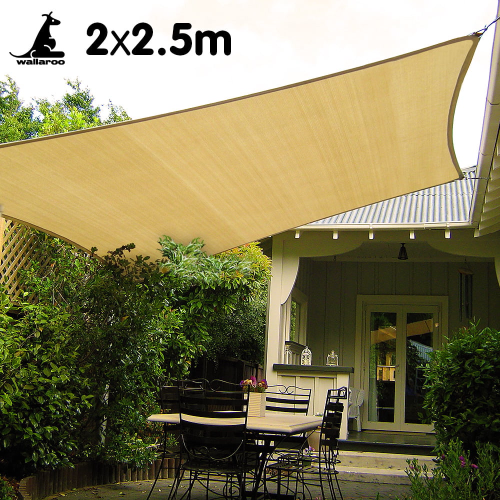 Rectangular shade sail, tan fabric with hem loops and corner grommets