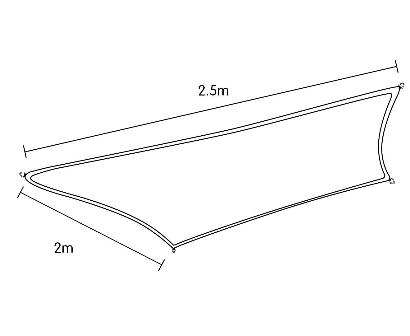 Rectangular shade sail diagram, 2m x 2.5m with corner grommets