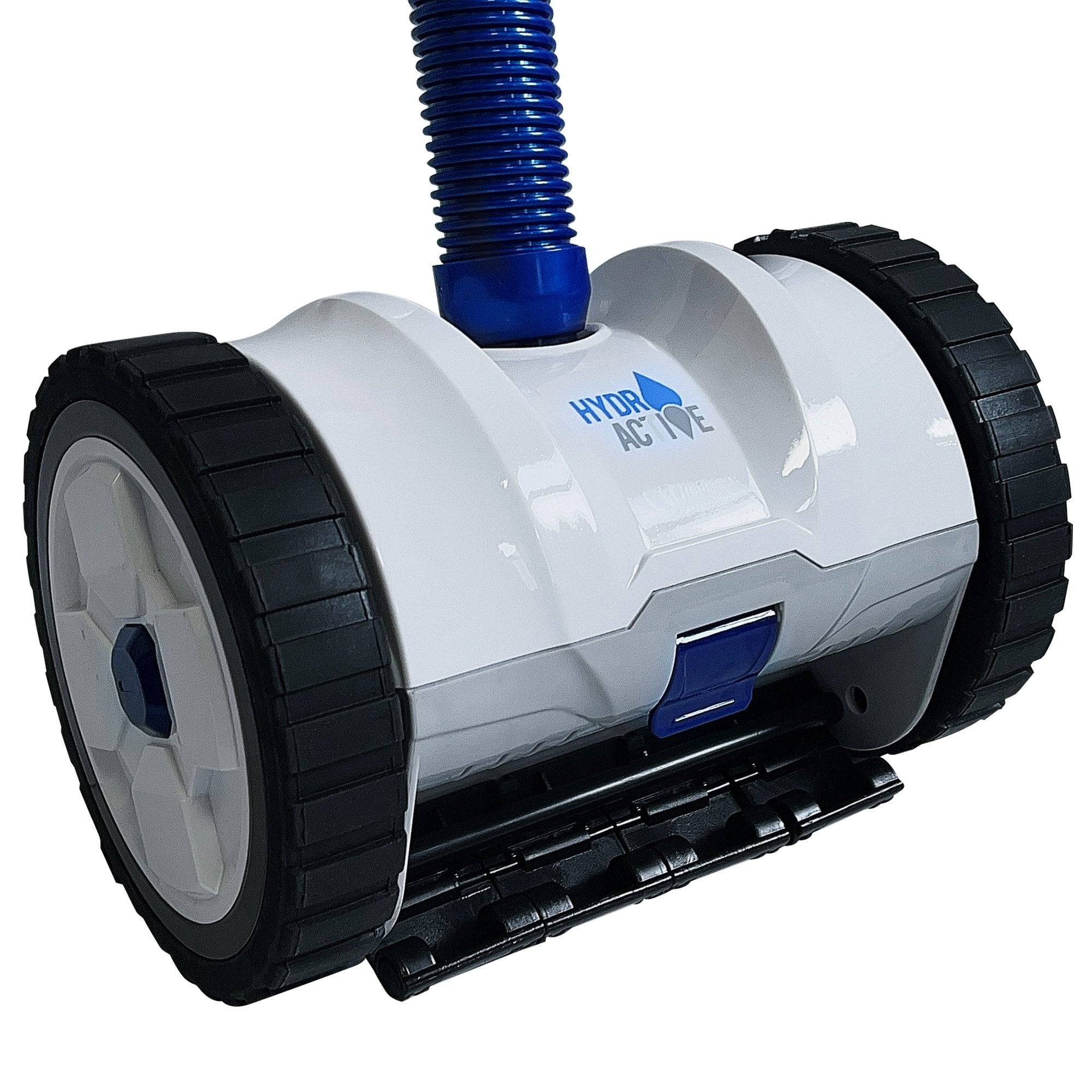 Automatic suction pool cleaner with blue suction hose, white body, and black tread wheels