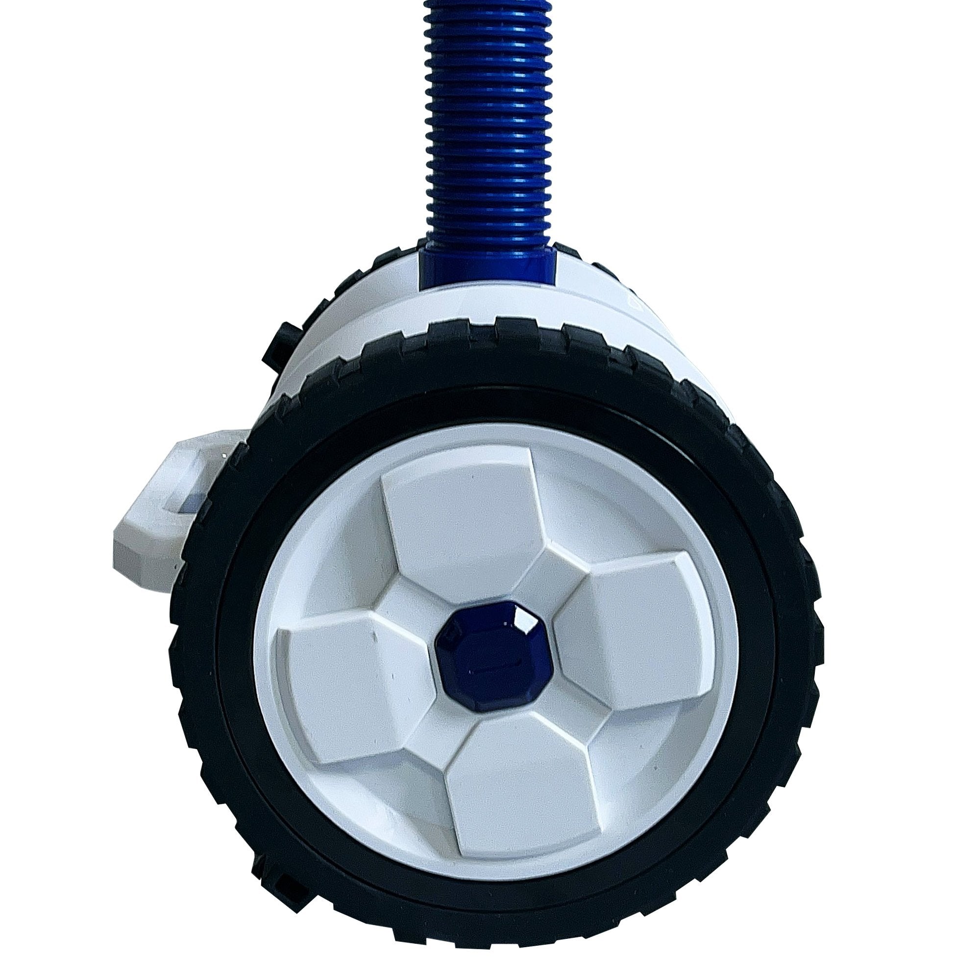 Automatic suction pool cleaner wheel with black tire tread, white hub, and blue hose