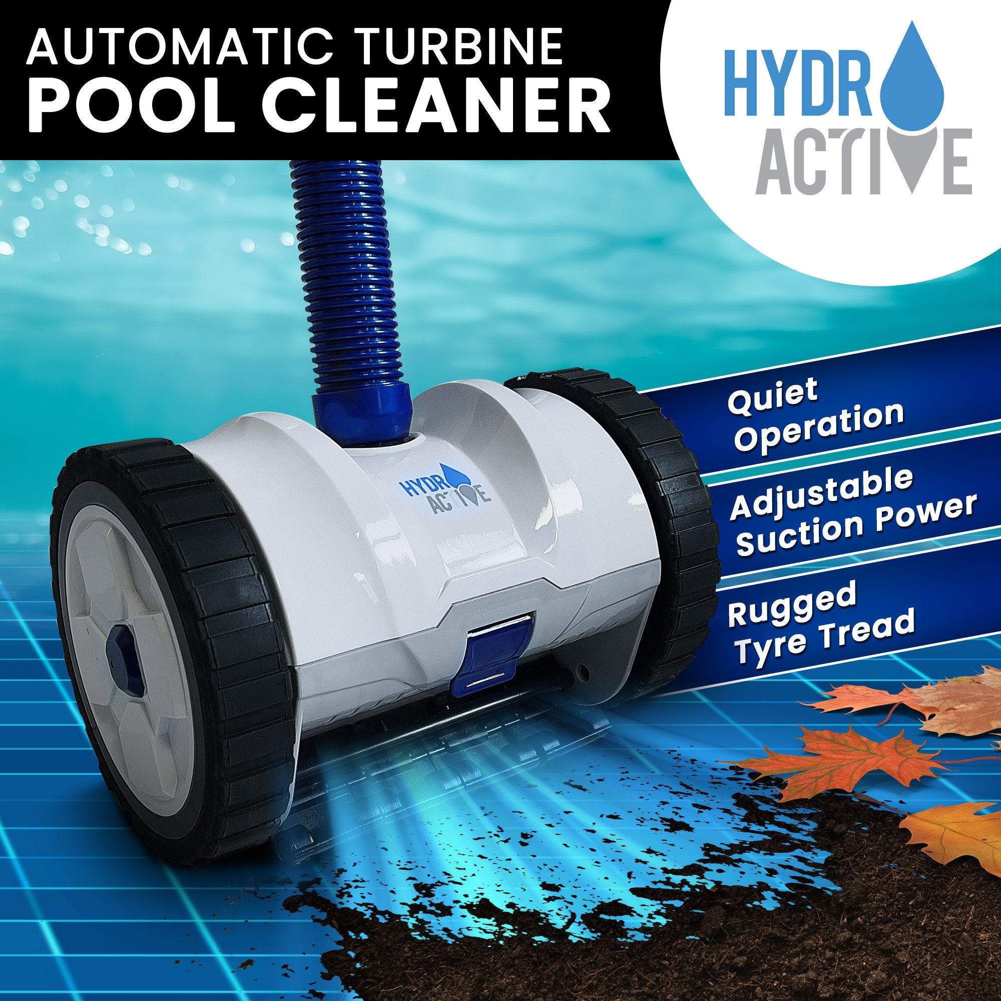 Automatic suction pool cleaner with blue hose, white tank, and black tread wheels