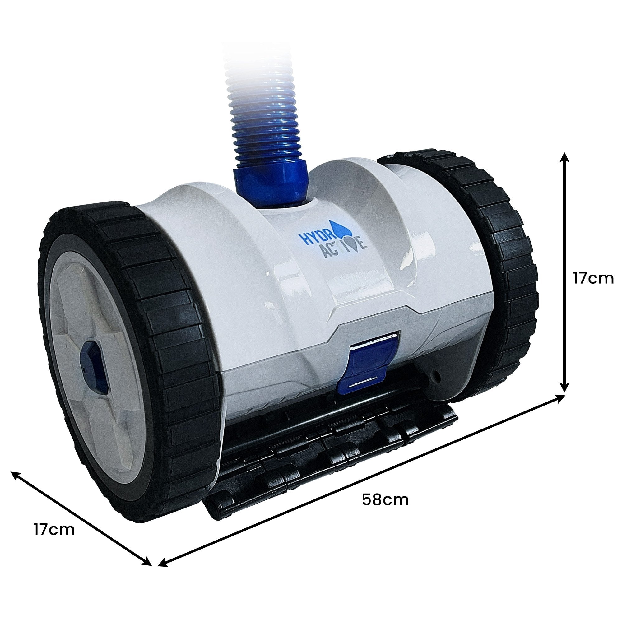 Automatic suction pool cleaner with blue hose, white body, and black tread wheels